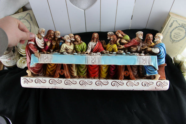 XL French Chalkware Polychrome LAST supper Jesus religious statue sculpture 1900