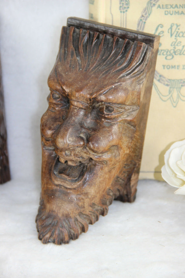 Set of 4 Antique XVIII Wood carved DEVIL gothic figurines head portrait ornament