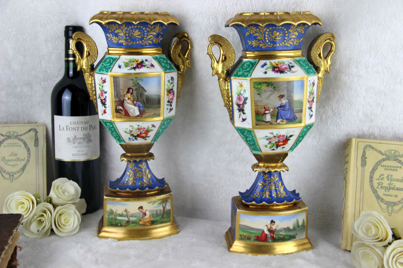 RARE PAIR antique 19thc Vieux paris porcelain scenes floral  Vases swan handles