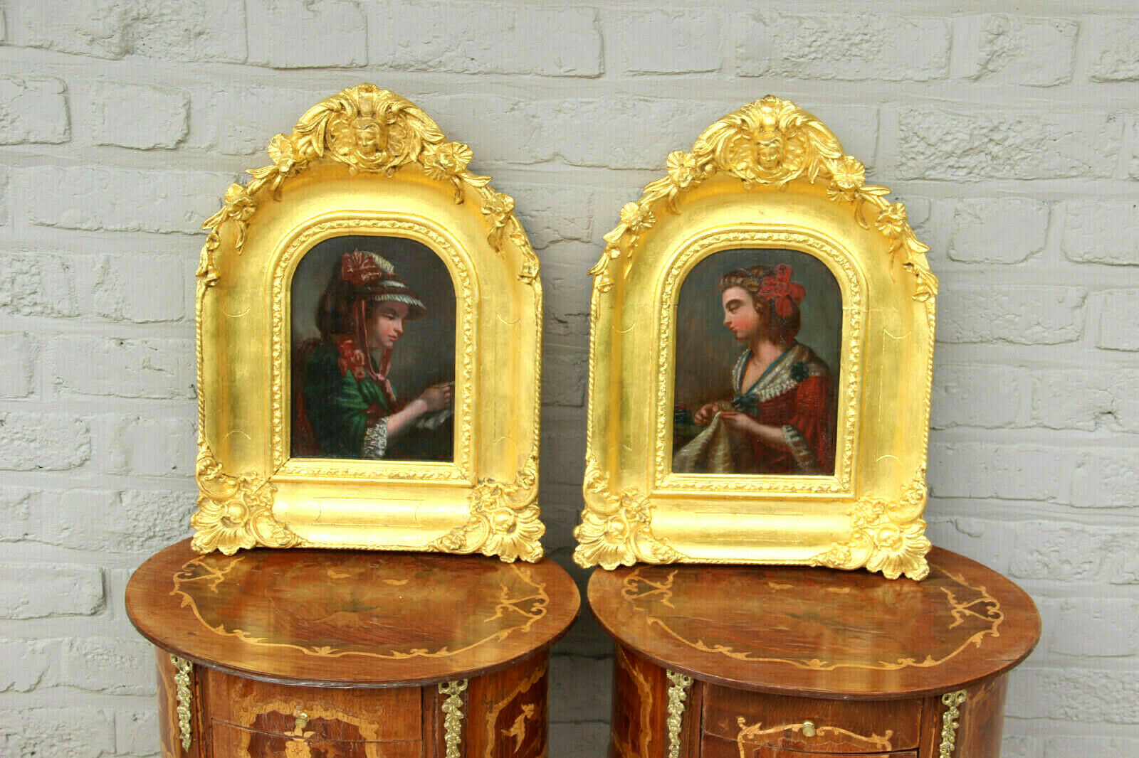 Gorgeous PAIR antique French Portrait oil panel painting putti angel frame rare