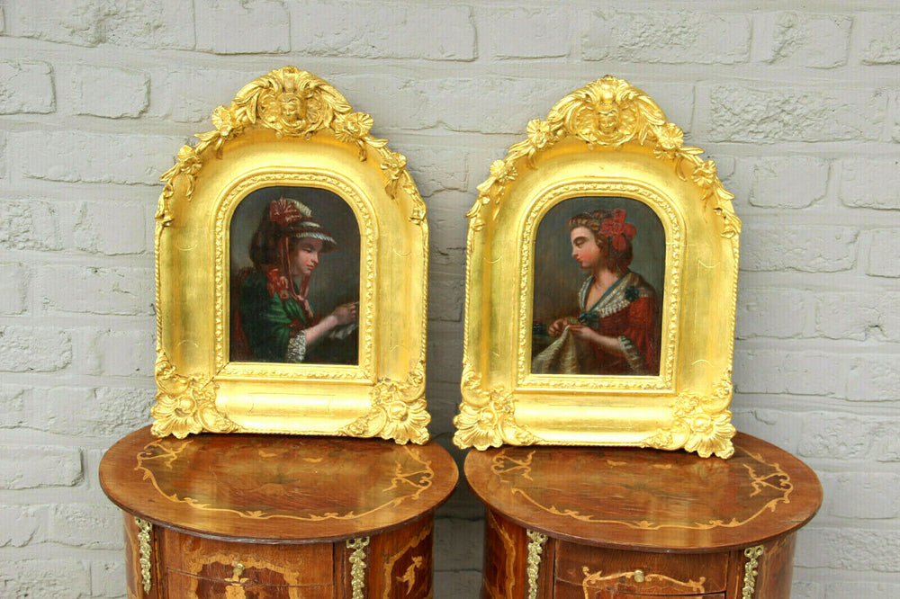 Gorgeous PAIR antique French Portrait oil panel painting putti angel frame rare