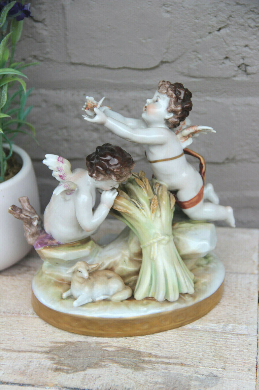 Antique German Volkstedt porcelain marked putti group figurine statue bird