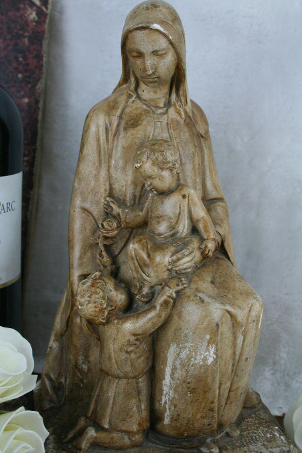 Old French monogrammed Plaster Madonna with child statue figurine marked