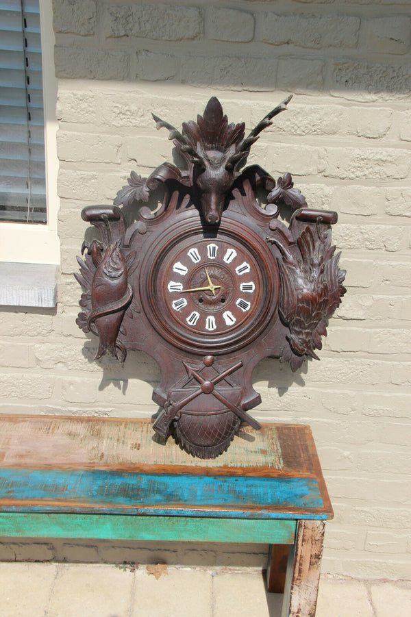 antique German 1900 Black forest wood carved Wall clock hunting trophy fish bird