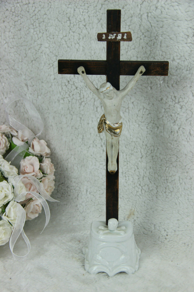 Antique French Crucifix religious cross Ecce Home skull porcelain