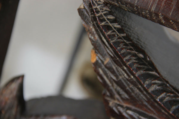 PAIR XL antique black forest wood carved Chimaera Griffin mythological figurine