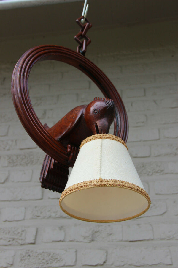 Vintage French Black forest wood carved bird pendant chandelier lamp