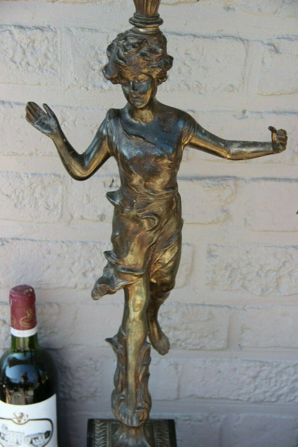 Pair XL antique French metal Romantic boy girl figurine table lamps