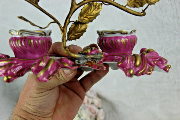 French pink inkwell majolica flowers sevres porcelain marked 1950s