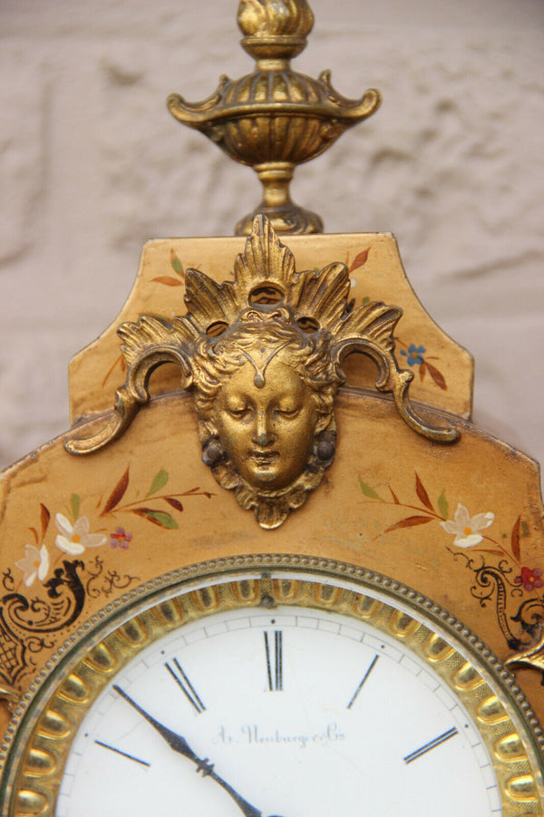 Antique French parisian mantel clock putti angel portrait scene floral decor