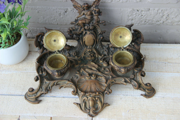 Antique Large French bronze Inkwell art nouveau Satyr devil head gothic dragon