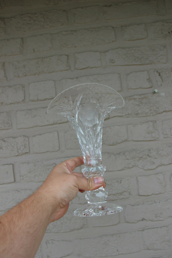 PAIR bohemian clear crystal glass vase floral decor 1960
