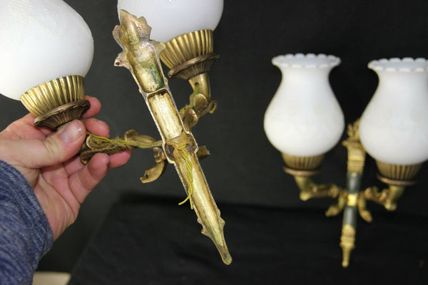 PAIR French Empire white louis XV glass shades Bronze swan wall lights sconces