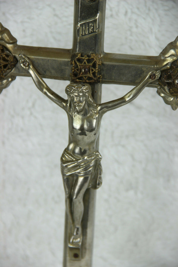 Antique French religious spelter crucifix cross putti angels base