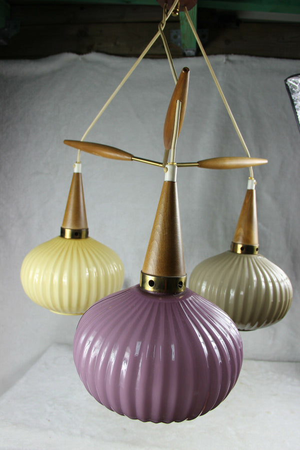 Mid century Rare multi colour Teak wood globes chandelier pendant louis kalff