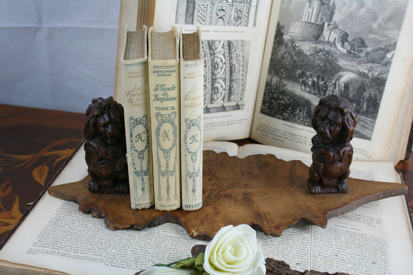 Black forest folk art Wood carved Book ends lions German 1900 antique