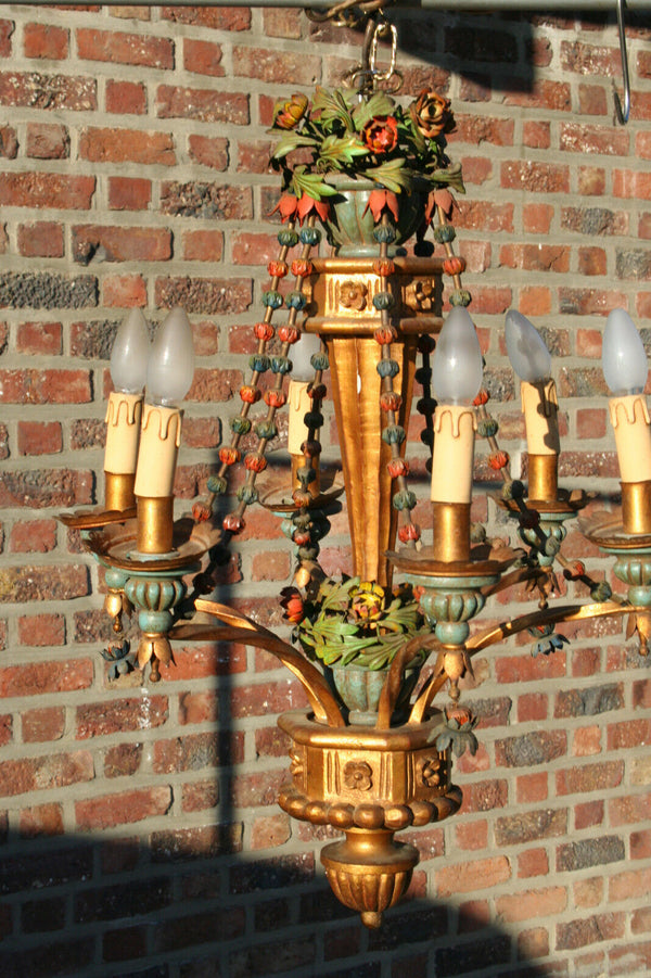 Unusual 1960 stunning Italian Wood / metal polychrome flowers chandelier