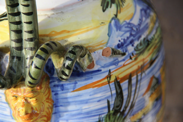 LARGE antique Italian majolica Satyr heads snakes handles hand paint vase