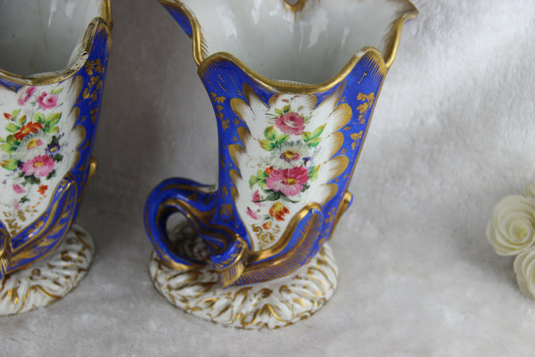 PAIR jacob petit marked Cornucopia horn Vases vieux paris porcelain hand paint