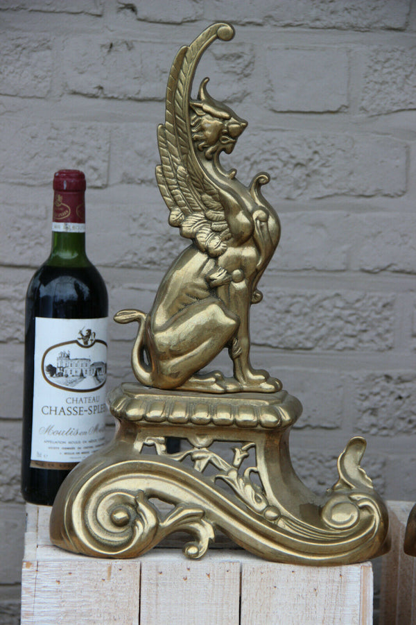 PAIR antique XL Brass Gothic Griffin Dragon Fireplace andirons