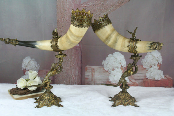 PAIR antique Cornucopia horn Gothic dragon chimaera with eagle on top rare