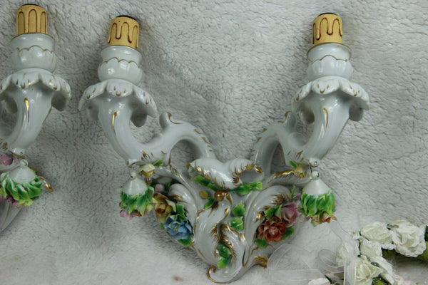 PAIR Italian capodimonte porcelain majolica relief flowers wall lights sconces