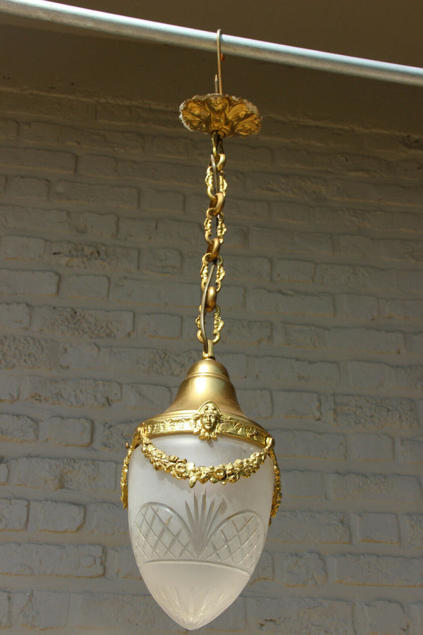 Antique French Brass Crystal Lantern entrance hall chandelier putti heads