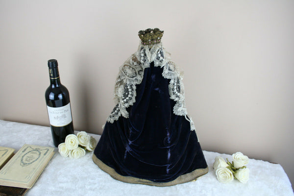Rare Antique 1880 French crown Wax Madonna statue child cape stones religious