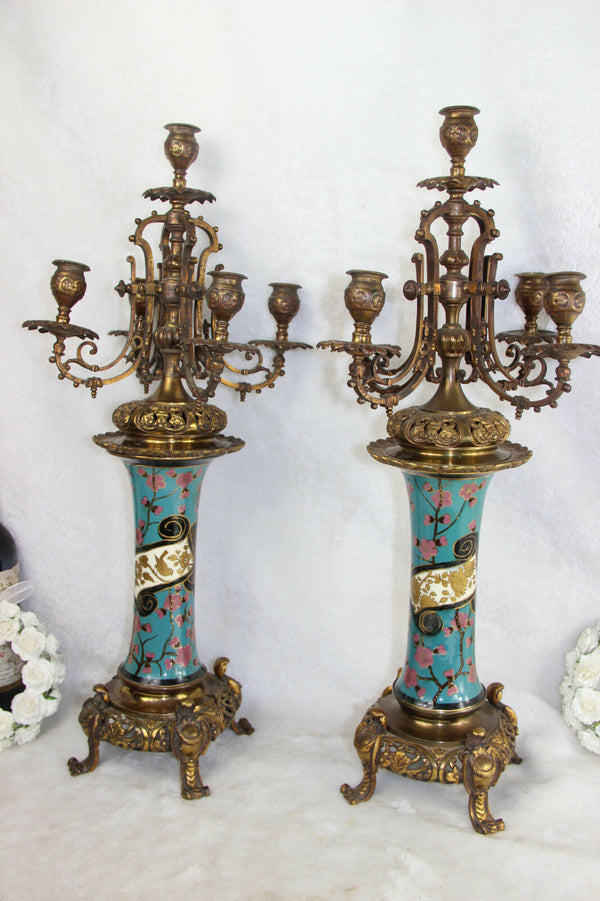 Pair french antique faience candelabras candle holders