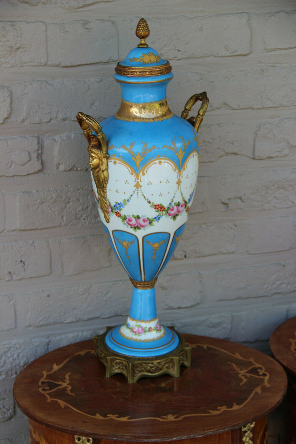 Antique french turquoise porcelain floral Vase bronze caryatid putti ornaments