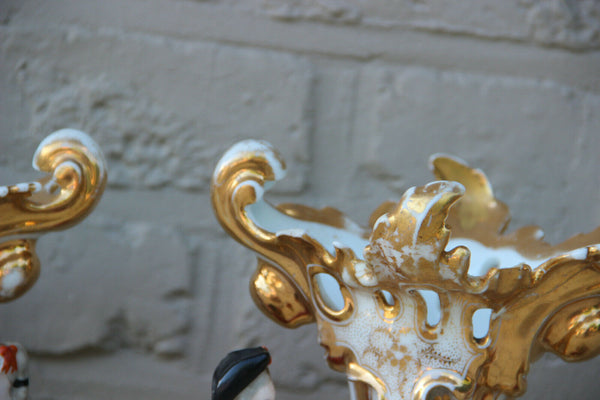 PAIR XL French vieux paris porcelain vases figurines birds floral Attr. petit