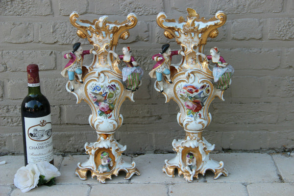 PAIR XL French vieux paris porcelain vases figurines birds floral Attr. petit