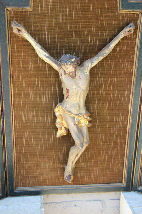 Antique rare religious XXL wall Triptych Wood carved christ oil panel paintings