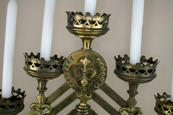 HUGE 7 arms neo gothic copper church altar candelabra religious fleur de lys