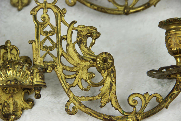 PAIR antique Gothic Dragon chimaera figurine piano sconces wall candle holders