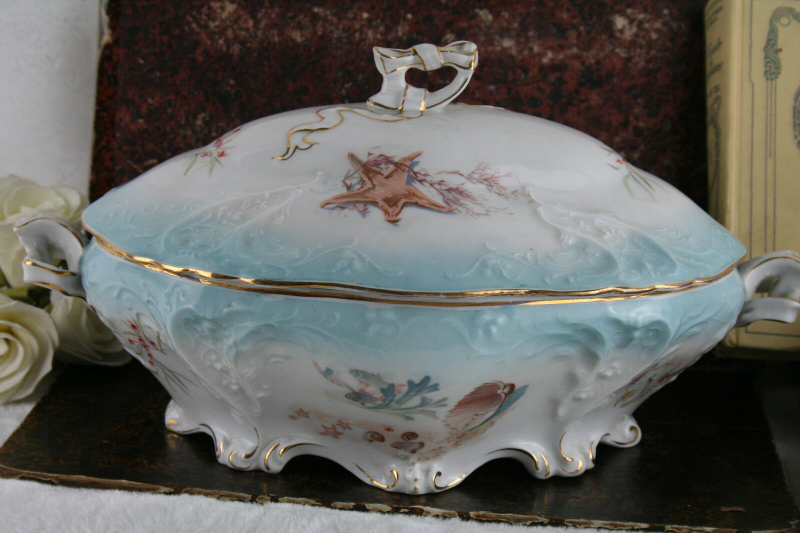 Antique 1900 CT tielsch Porcelain marked bowl shell fish  hand paint