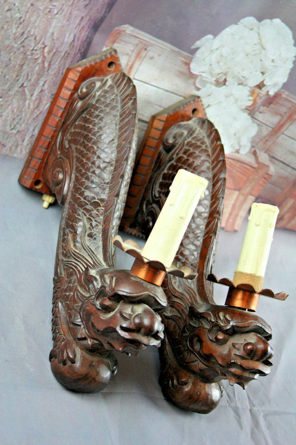 Exclusive XL Pair Chinese Foo Dogs sconces wood carved lamps 19th c dragons