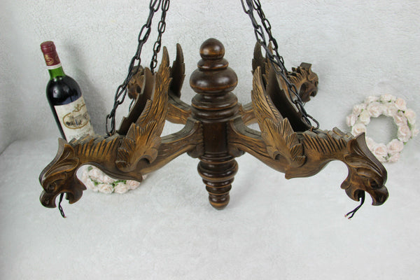 Vintage French Castle gothic 4 Dragon arms Wood carved chandelier pendant