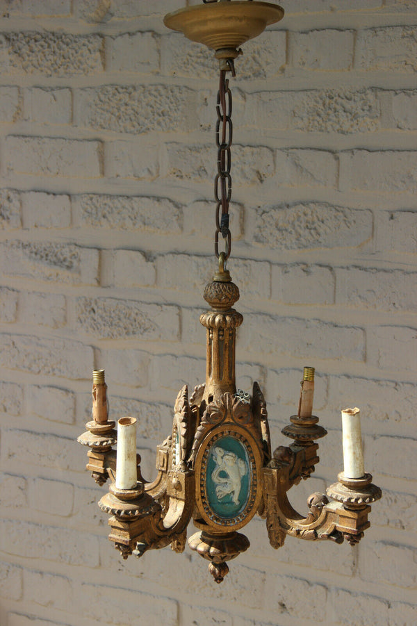 Antique French Wood carved  chandelier putti Angel scenes medaillon wedgwood