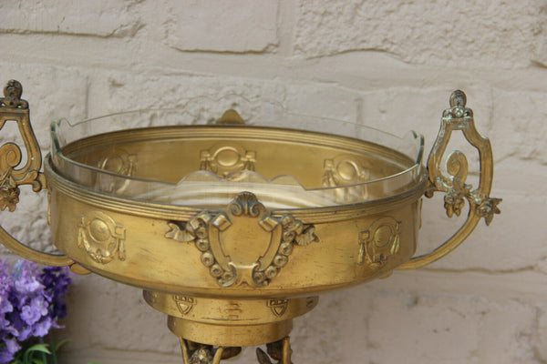 Antique French centerpiece Bowl Brass glass insert putti angels figurine empire