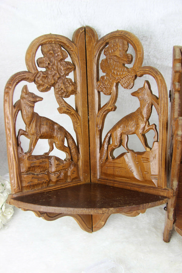 Set of 3 black forest wood carved wall shelf console hunting dog deer 1960