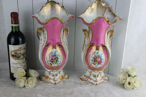 PAIR French antique 1900 Vieux paris top porcelain Vases hand paint floral decor