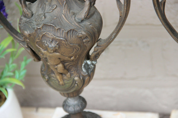 Antique French spelter bronze patina pair urns Vases putti angel marble base