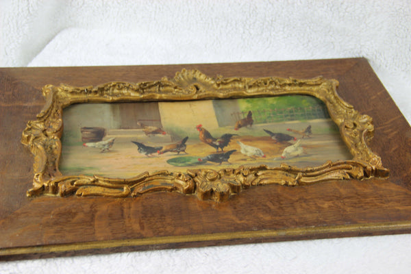 PAIR antique 19thc French oil panel painting chicken rooster farm louis XVI