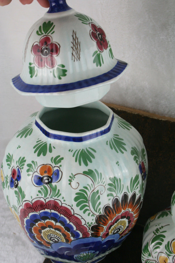 Antique pair Delft pottery VASES set polychrome coloured marked