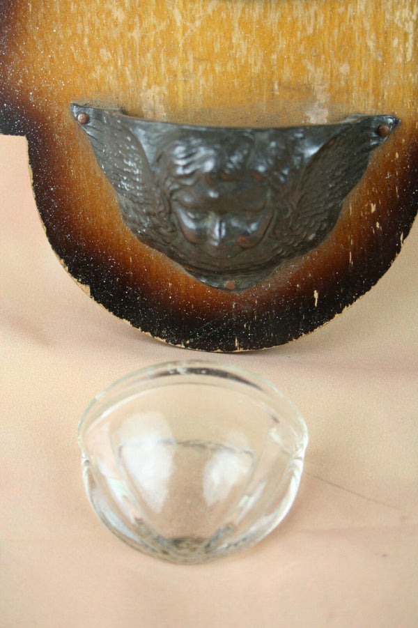 Flemish Belgian Holy water font vessel benitier wood metal glass christ