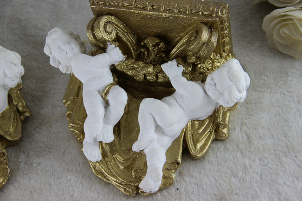 PAIR cute French chalkware putti angels Wall consoles Gold white 1970