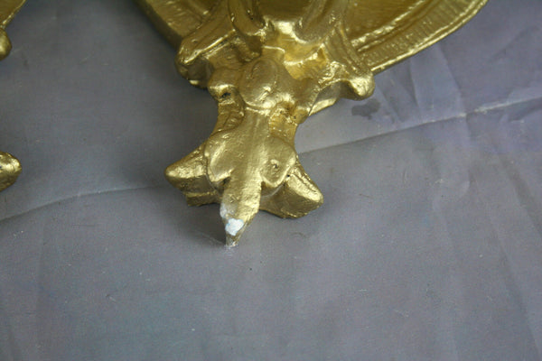 Pair French antique chalkware gold gilted Faun devil satyr head wall consoles