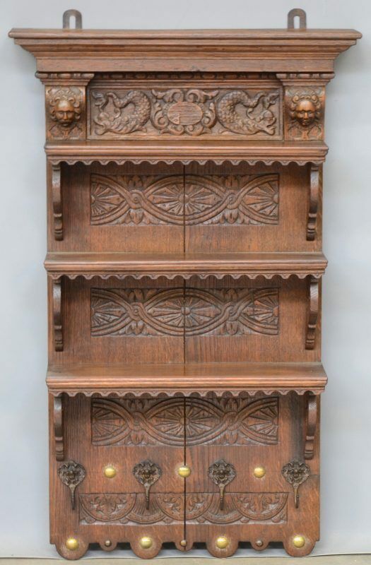 Antique 38,5" XL  French wood carved dolphins Portrait heads coat rack shelf