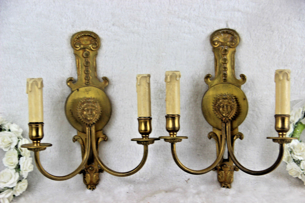 PAIR bronze empire head portrait wall sconces lights France antique